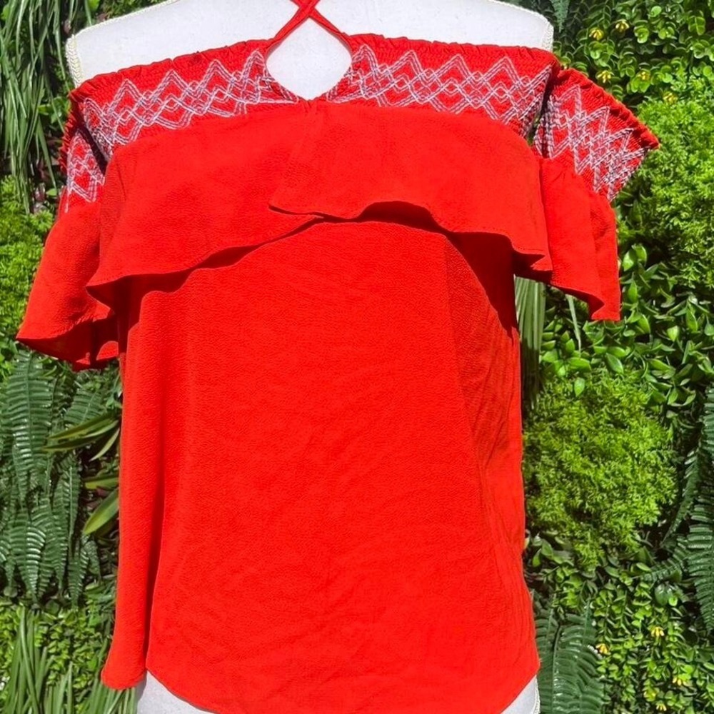 Red Want And Need off the shoulder top with cross straps and ruffles Size Small